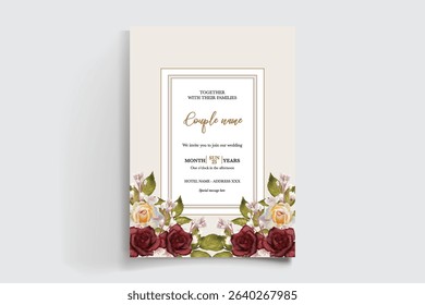 WEDDING INVITATION FRAME WITH FLOWER DECORATIONS AND FRESH LEAVES