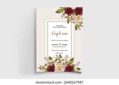 WEDDING INVITATION FRAME WITH FLOWER DECORATIONS AND FRESH LEAVES