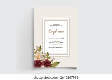 WEDDING INVITATION FRAME WITH FLOWER DECORATIONS AND FRESH LEAVES