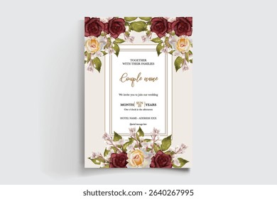 WEDDING INVITATION FRAME WITH FLOWER DECORATIONS AND FRESH LEAVES