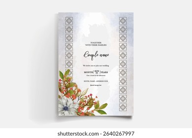 WEDDING INVITATION FRAME WITH FLOWER DECORATIONS AND FRESH LEAVES
