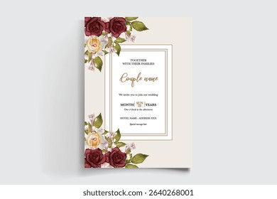 WEDDING INVITATION FRAME WITH FLOWER DECORATIONS AND FRESH LEAVES