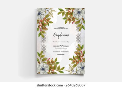 WEDDING INVITATION FRAME WITH FLOWER DECORATIONS AND FRESH LEAVES