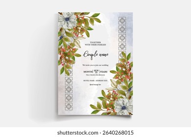 WEDDING INVITATION FRAME WITH FLOWER DECORATIONS AND FRESH LEAVES