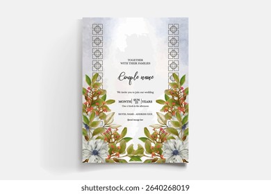 WEDDING INVITATION FRAME WITH FLOWER DECORATIONS AND FRESH LEAVES