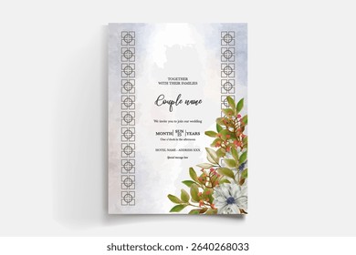 WEDDING INVITATION FRAME WITH FLOWER DECORATIONS AND FRESH LEAVES