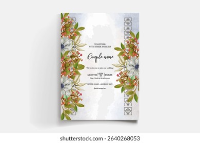 WEDDING INVITATION FRAME WITH FLOWER DECORATIONS AND FRESH LEAVES