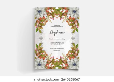 WEDDING INVITATION FRAME WITH FLOWER DECORATIONS AND FRESH LEAVES