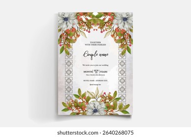 WEDDING INVITATION FRAME WITH FLOWER DECORATIONS AND FRESH LEAVES