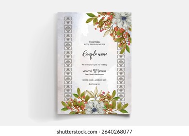 WEDDING INVITATION FRAME WITH FLOWER DECORATIONS AND FRESH LEAVES
