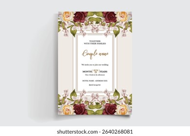 WEDDING INVITATION FRAME WITH FLOWER DECORATIONS AND FRESH LEAVES