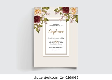 WEDDING INVITATION FRAME WITH FLOWER DECORATIONS AND FRESH LEAVES