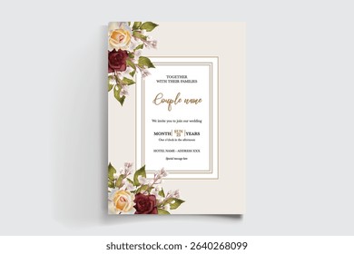 WEDDING INVITATION FRAME WITH FLOWER DECORATIONS AND FRESH LEAVES