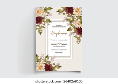 WEDDING INVITATION FRAME WITH FLOWER DECORATIONS AND FRESH LEAVES