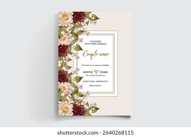 WEDDING INVITATION FRAME WITH FLOWER DECORATIONS AND FRESH LEAVES