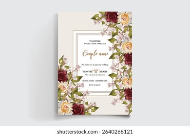 WEDDING INVITATION FRAME WITH FLOWER DECORATIONS AND FRESH LEAVES