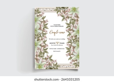 WEDDING INVITATION FRAME WITH FLOWER DECORATIONS AND FRESH LEAVES