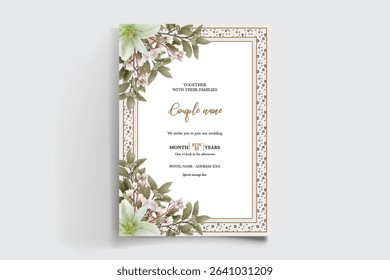 WEDDING INVITATION FRAME WITH FLOWER DECORATIONS AND FRESH LEAVES