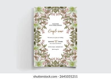 WEDDING INVITATION FRAME WITH FLOWER DECORATIONS AND FRESH LEAVES