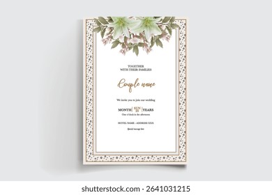 WEDDING INVITATION FRAME WITH FLOWER DECORATIONS AND FRESH LEAVES