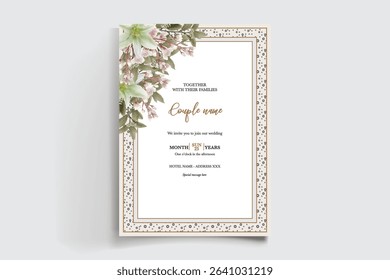 WEDDING INVITATION FRAME WITH FLOWER DECORATIONS AND FRESH LEAVES