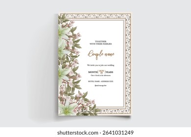 WEDDING INVITATION FRAME WITH FLOWER DECORATIONS AND FRESH LEAVES