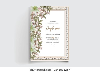 WEDDING INVITATION FRAME WITH FLOWER DECORATIONS AND FRESH LEAVES