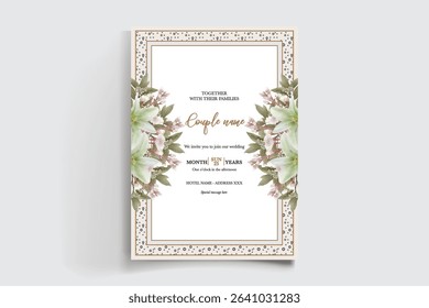 WEDDING INVITATION FRAME WITH FLOWER DECORATIONS AND FRESH LEAVES