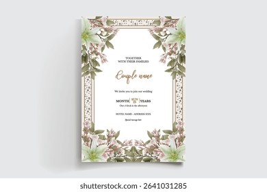 WEDDING INVITATION FRAME WITH FLOWER DECORATIONS AND FRESH LEAVES