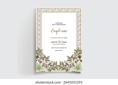 WEDDING INVITATION FRAME WITH FLOWER DECORATIONS AND FRESH LEAVES