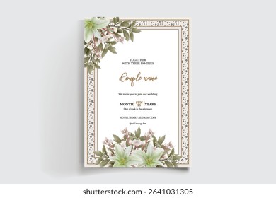 WEDDING INVITATION FRAME WITH FLOWER DECORATIONS AND FRESH LEAVES