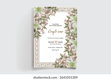 WEDDING INVITATION FRAME WITH FLOWER DECORATIONS AND FRESH LEAVES