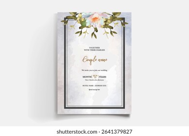 WEDDING INVITATION FRAME WITH FLOWER DECORATIONS AND FRESH LEAVES