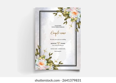 WEDDING INVITATION FRAME WITH FLOWER DECORATIONS AND FRESH LEAVES