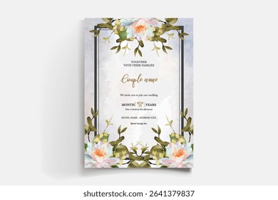 WEDDING INVITATION FRAME WITH FLOWER DECORATIONS AND FRESH LEAVES