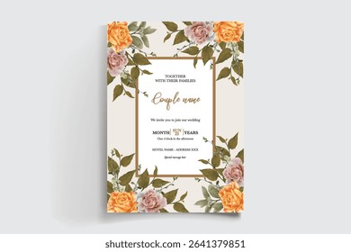 WEDDING INVITATION FRAME WITH FLOWER DECORATIONS AND FRESH LEAVES