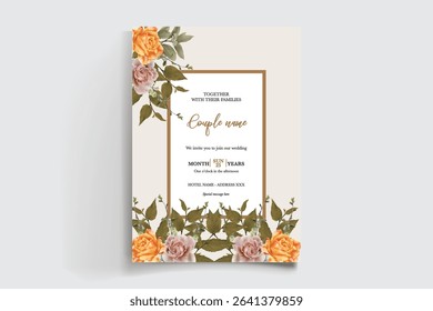 WEDDING INVITATION FRAME WITH FLOWER DECORATIONS AND FRESH LEAVES