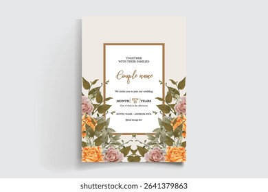 WEDDING INVITATION FRAME WITH FLOWER DECORATIONS AND FRESH LEAVES