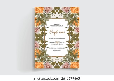 WEDDING INVITATION FRAME WITH FLOWER DECORATIONS AND FRESH LEAVES