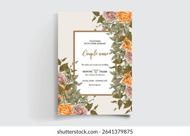 WEDDING INVITATION FRAME WITH FLOWER DECORATIONS AND FRESH LEAVES