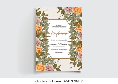 WEDDING INVITATION FRAME WITH FLOWER DECORATIONS AND FRESH LEAVES