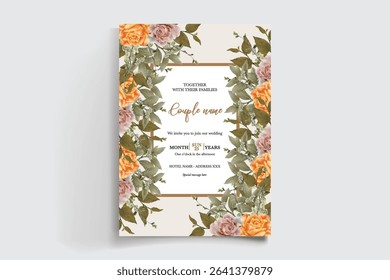 WEDDING INVITATION FRAME WITH FLOWER DECORATIONS AND FRESH LEAVES