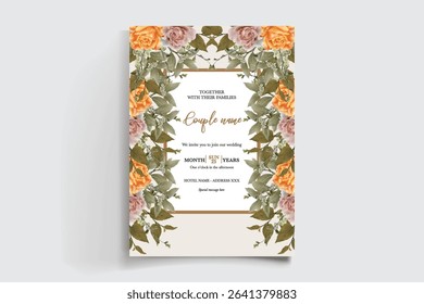 WEDDING INVITATION FRAME WITH FLOWER DECORATIONS AND FRESH LEAVES