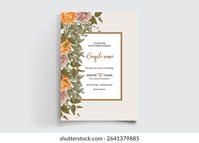 WEDDING INVITATION FRAME WITH FLOWER DECORATIONS AND FRESH LEAVES