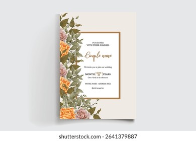 WEDDING INVITATION FRAME WITH FLOWER DECORATIONS AND FRESH LEAVES