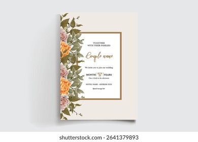 WEDDING INVITATION FRAME WITH FLOWER DECORATIONS AND FRESH LEAVES