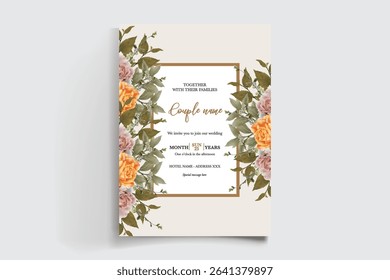 WEDDING INVITATION FRAME WITH FLOWER DECORATIONS AND FRESH LEAVES