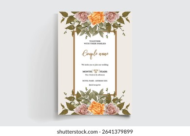 WEDDING INVITATION FRAME WITH FLOWER DECORATIONS AND FRESH LEAVES