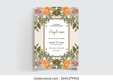 WEDDING INVITATION FRAME WITH FLOWER DECORATIONS AND FRESH LEAVES