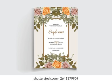 WEDDING INVITATION FRAME WITH FLOWER DECORATIONS AND FRESH LEAVES